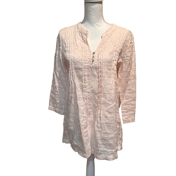 100% Pure Tops - St Tropez West 100% Linen Embroidered Tunic Top Pink 3/4 Sleeve Button S